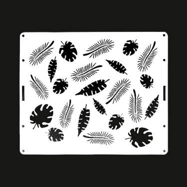 The image features a white cake stencil with various leaf and plant designs. The stencil includes multiple shapes of leaves, such as ferns and tropical leaves, arranged in a visually appealing pattern. The design is filled with a solid black color, allowing for contrasting patterns when used on cakes or other baked goods. The stencil has holes at the top for easy handling. The background is black, emphasizing the white stencil and its intricate details.