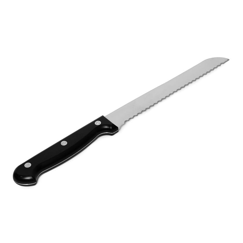 A serrated bread knife with a stainless steel blade and a black plastic handle. The blade is long and features a wavy edge, designed for slicing bread easily. The handle has a smooth, curved shape with three circular rivets for added grip and stability. The knife is positioned horizontally against a white background.