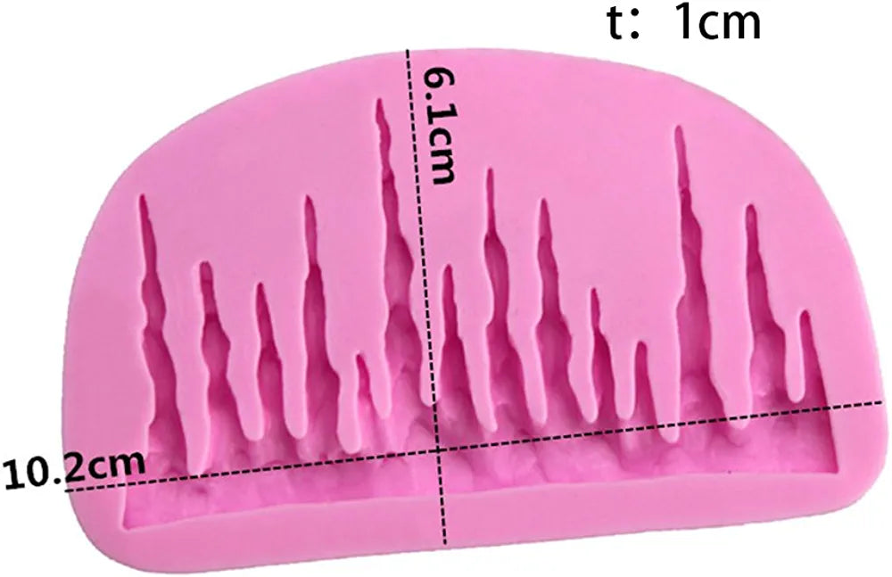 A pink silicone mould shaped to resemble icicles, featuring various heights and textures. The mould measures approximately 10.2 cm in width and 6.1 cm in height, with a thickness of 1 cm. The design showcases pointed, dripping formations that mimic frozen icicles.