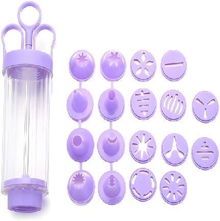 A cookie design imprinting kit featuring a clear, cylindrical press with a lavender-colored handle and base. Next to the press, there are sixteen lavender imprint discs of various shapes and designs arranged in rows, including floral patterns, stripes, and abstract shapes. The kit is designed for creating decorative imprints on cookies.