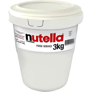 A white plastic tub containing Nutella hazelnut spread with cocoa. The label displays the brand name &quot;nutella&quot; in bold red letters, along with &quot;FOOD SERVICE&quot; and &quot;3kg&quot; to indicate the weight. The tub has a simple design with a lid and no additional imagery.