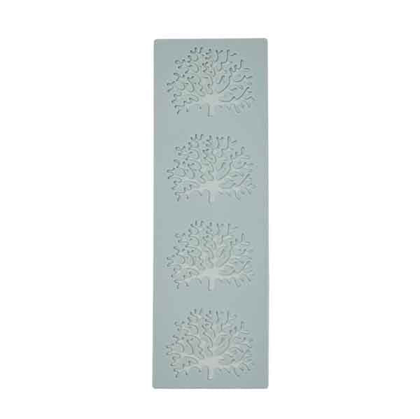 A rectangular silicone mold featuring four intricate designs of coral branches. The mold is a soft blue color and depicts the coral patterns in a raised, three-dimensional style. Each design is evenly spaced along the length of the mold.