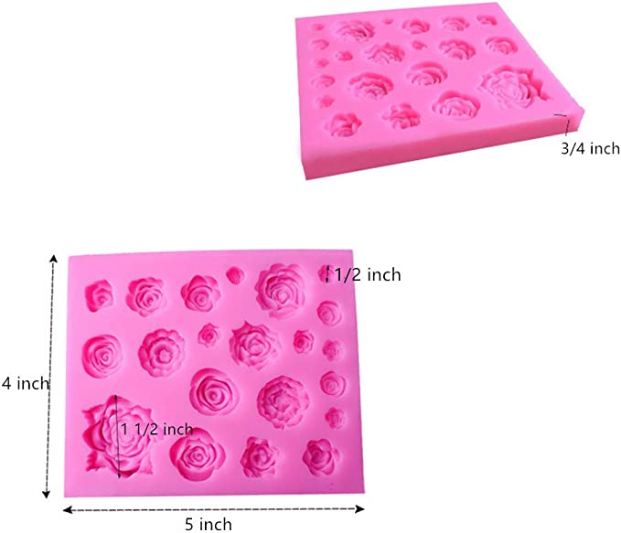 A pink silicone mould designed for creating mini rose shapes. The mould features various rose designs of different sizes, including some with leaf details. Dimension markings indicate the size of the mould: 5 inches wide, 4 inches tall, and approximately 3/4 inch thick. Some rose impressions have measurements of 1/2 inch and 1 1/2 inches. The mould is displayed from a top-down view.