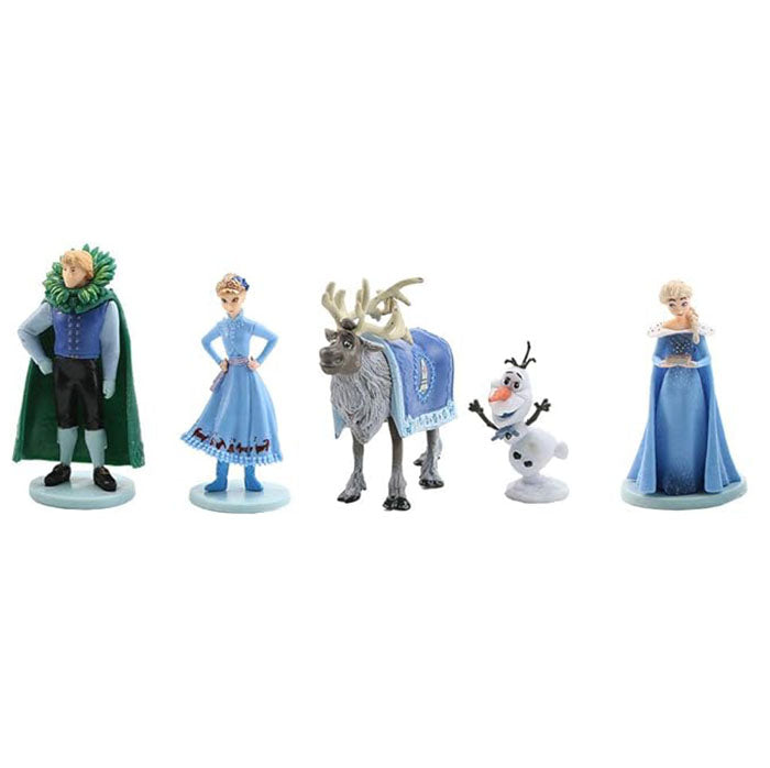 A set of five Disney Frozen action figurines arranged in a row. The figures include a character with a green cape and a feathered collar, a girl in a blue dress with a playful pose, a reindeer wearing a blue saddle, a snowman with a cheerful expression, and a girl in an elegant blue gown with a jeweled design. Each figure stands on a round base.