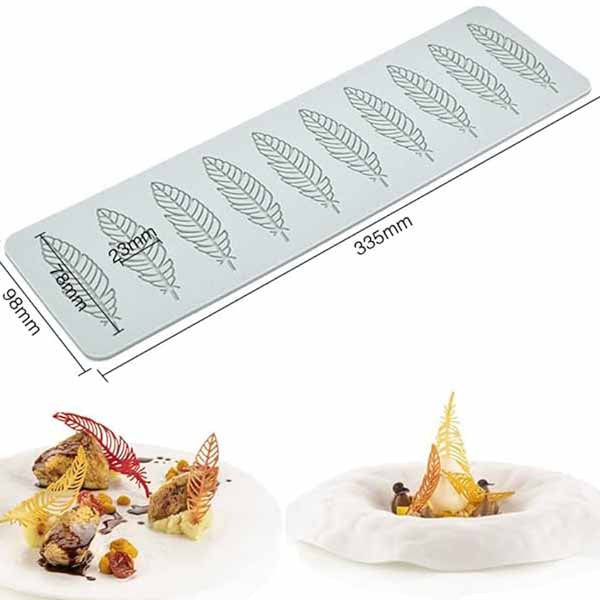 The image features a silicone mould designed for creating hollow feather shapes. The mould is rectangular and measures 335mm by 98mm, with individual feather impressions of varying sizes. There are eight feather designs visible on the mould&