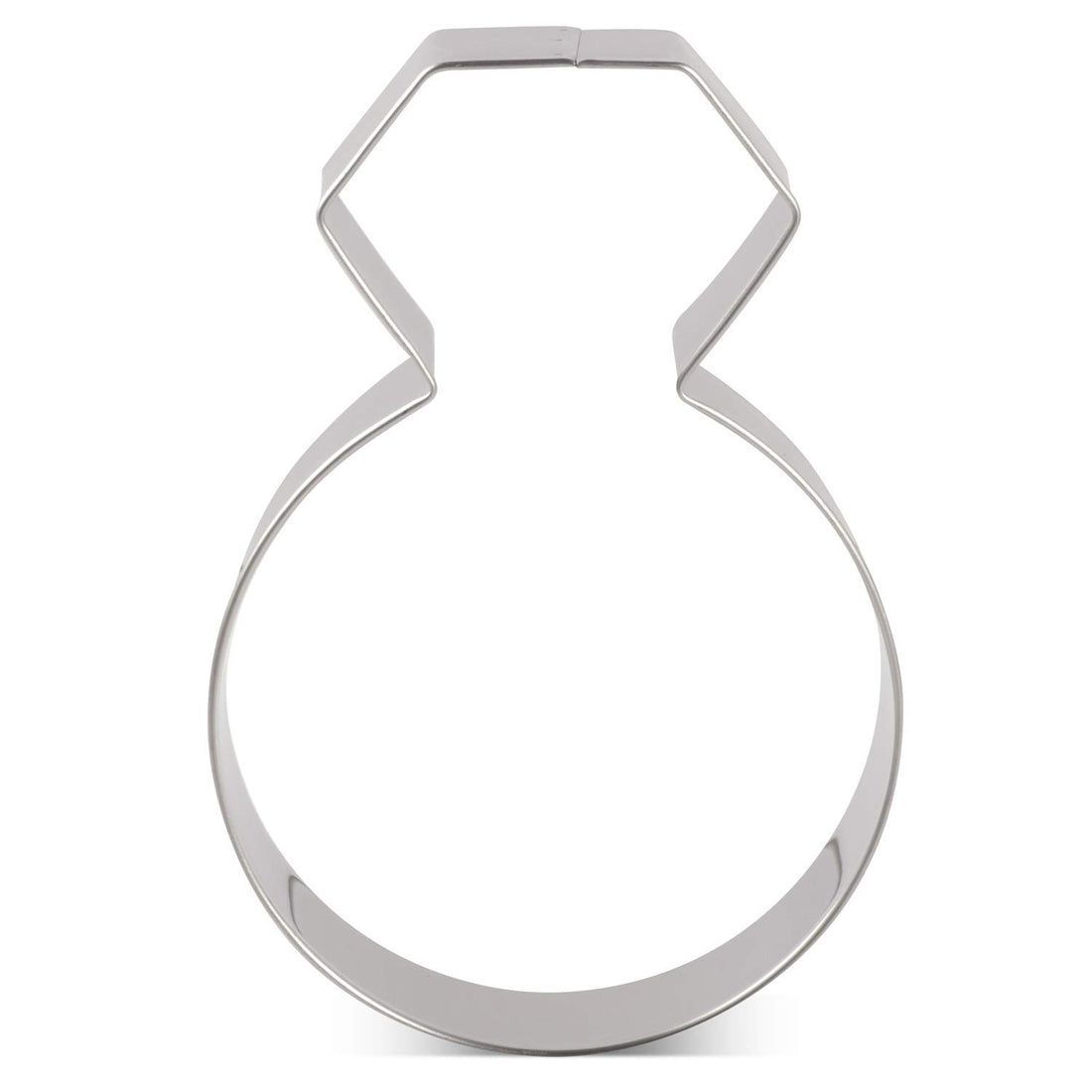 A stainless steel ring cookie cutter in the shape of a ring, featuring a polygonal top and a smooth circular bottom. The cutter is shiny and reflects light, positioned against a plain white background.