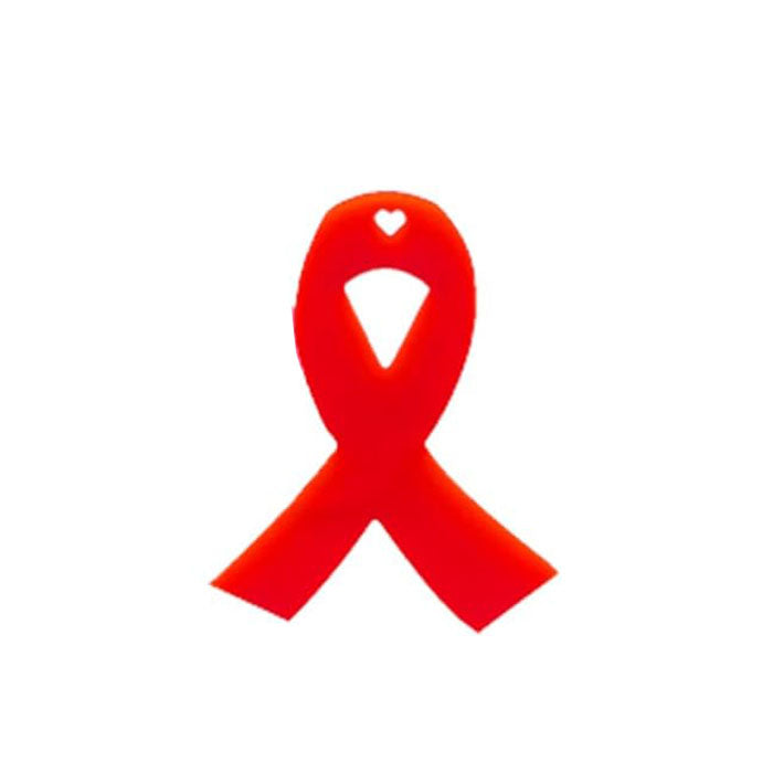 A red silicone mould shaped like an awareness ribbon. The ribbon features a small heart cutout at the top. The background is plain white, highlighting the mould&