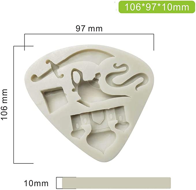 The image shows a silicone mould in the shape of an Aladdin-style magic lamp, along with decorative elements. The mould is light-colored and features intricate designs, including the lamp itself, a genie, and some swirling patterns. It has dimensions indicated as 106 mm by 97 mm, with a thickness of 10 mm. A scale bar is also present for reference. The mould is designed for crafting or baking themed items.