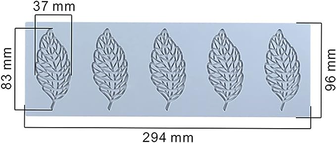 A hollow leaf silicone mold features five intricately designed leaf shapes arranged in a row. The mold dimensions are labeled, measuring 294 mm in length and 96 mm in height, with individual leaves approximately 83 mm tall and 37 mm wide. The material is flexible and has a light color.