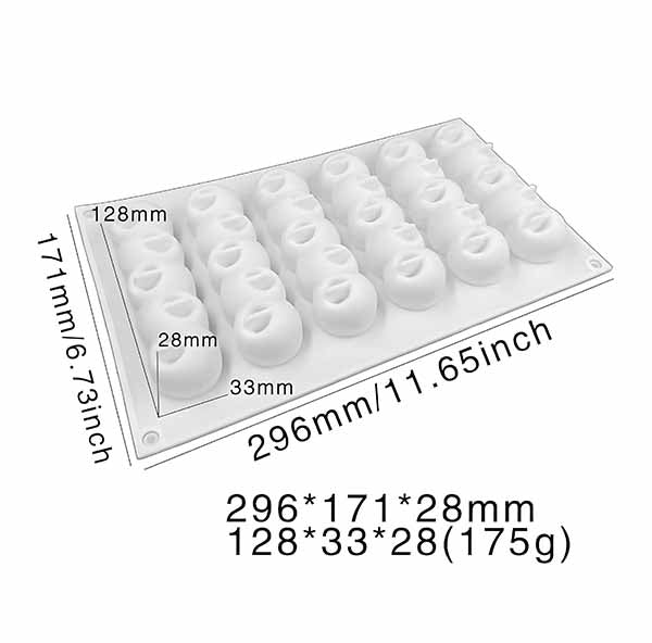 A white silicone mold with six rows of concave ball shapes, designed for making desserts or baked goods. The mold is labeled with dimensions of 296 mm x 171 mm x 28 mm (11.65 inches x 6.73 inches x 1.1 inches), and the size of each cavity is specified as 128 mm x 33 mm x 28 mm (175 g).