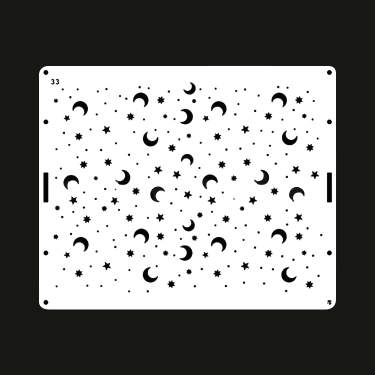 The image shows a cake stencil with a white background and a repeating pattern of black stars and crescent moons. The design features various sizes of stars and moons scattered across the stencil. There are two cut-outs at the sides for easy handling or placement on a cake.