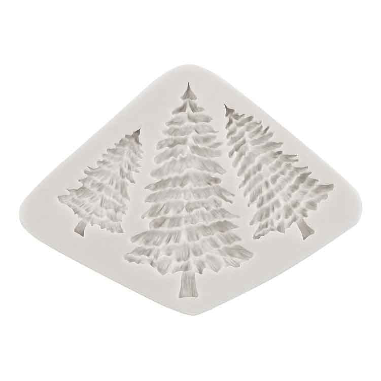 A white silicone mould shaped like a diamond, featuring three embossed pine tree designs of varying sizes. The trees are detailed with textured branches, giving them a realistic appearance.