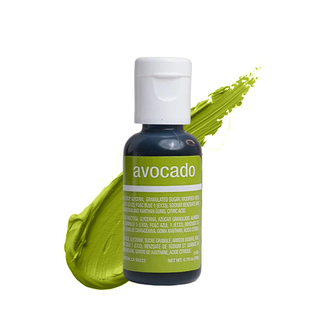 Image features a bottle of Chefmaster Liqua Gel Color in Avocado, labeled prominently in green on the front. The bottle is black with a white cap and contains 0.7 oz (20 ml) of product. Behind the bottle is a vibrant green paint-like splash, suggesting the product&