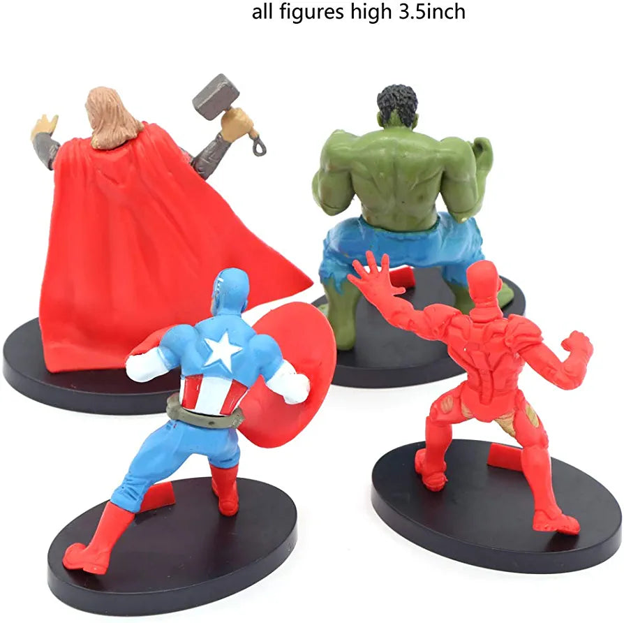 "Four mini action figures from a superhero theme. The figures include a character with a red cape and hammer, a green figure with muscular build, a blue figure holding a shield, and a red figure with a mechanical suit. All figures are displayed on round black bases and are approximately 3.5 inches tall."