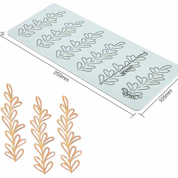 An illustration of a fine leaves silicone lace mold. The mold is a rectangular shape measuring 255mm by 105mm, featuring a pattern of leaf designs. Below the mold, there are three decorative pieces made from the silicone mold, which display the same leaf pattern in a light orange color. The dimensions of the mold are also indicated, with width measurements of 90mm and 35mm shown.