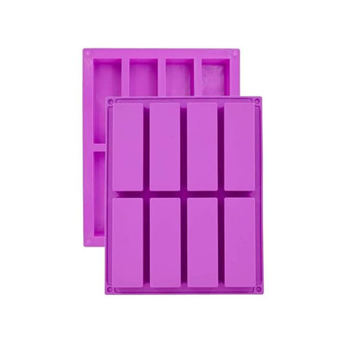 An 8-cavity rectangular silicone mould designed for making granola bars. The mould is purple and features eight rectangular cavities arranged in two rows. Each cavity is deep and has smooth edges, suitable for easily releasing the granola bars after cooling. There is also a second, thinner mould layer visible underneath.