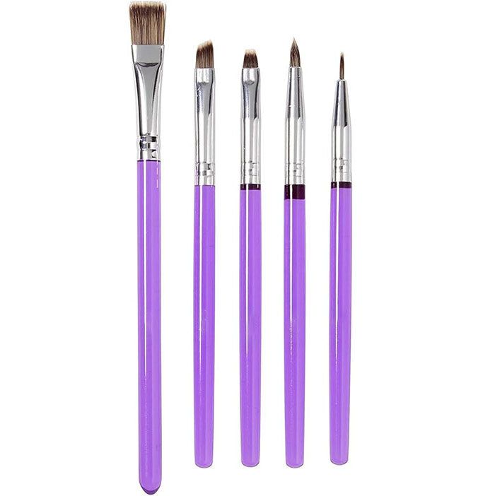 A set of five decorating brushes, each with a purple handle and silver ferrule. The brushes vary in shape, featuring a flat brush, a rounded brush, a slanted brush, and two thinner detail brushes, arranged from left to right.