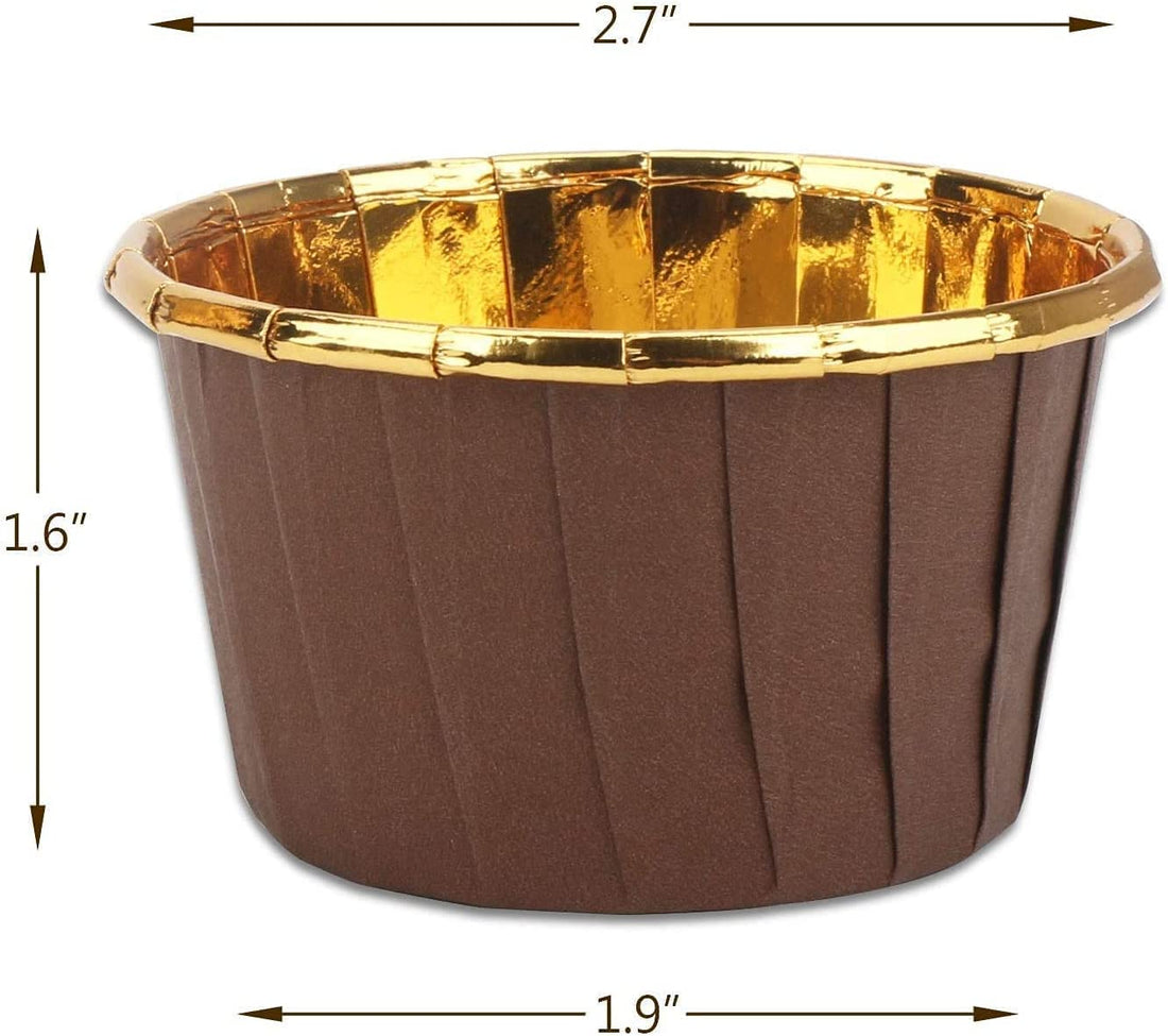 The image features an aluminium foil ramekin baking cup. It has a brown exterior with ridged sides and a shiny gold interior. The dimensions shown indicate the cup&