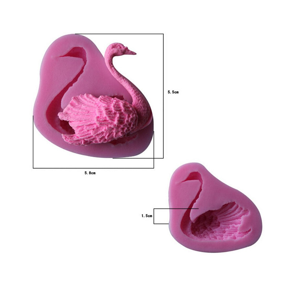 The image features two silicone molds shaped like swans. The larger mold is pink and depicts a swan with detailed features, including its long neck and textured feathers. The dimensions of the larger mold are approximately 5.8 cm by 5.6 cm. Next to it is a smaller mold, also in pink, showcasing a simplified swan design, measuring around 1.5 cm in height. The molds are designed for crafting purposes, allowing for the creation of swan-shaped objects.