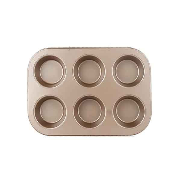 A six-cup muffin and cupcake pan with a rectangular shape, featuring six circular cavities organized in two rows. The pan has a metallic finish and a smooth surface, designed for baking muffins or cupcakes.