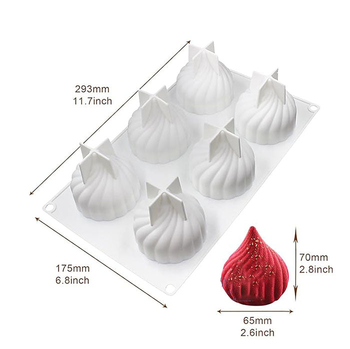 An image of a silicone mould designed to create seven dome-shaped treats. The mould is transparent and rectangular, measuring 293mm by 175mm. Each dome has a spiral design and a pointed top. Next to the mould is a finished red treat, approximately 65mm wide and 70mm high, featuring a shiny surface with a glittery finish.