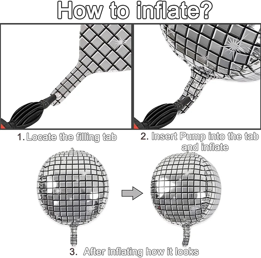 An instructional image demonstrating how to inflate disco metallic balloons. It includes four steps: 1. A close-up of a balloon&