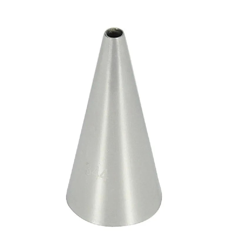 A stainless steel piping nozzle with a conical shape, tapering to a small opening at the top. The number &