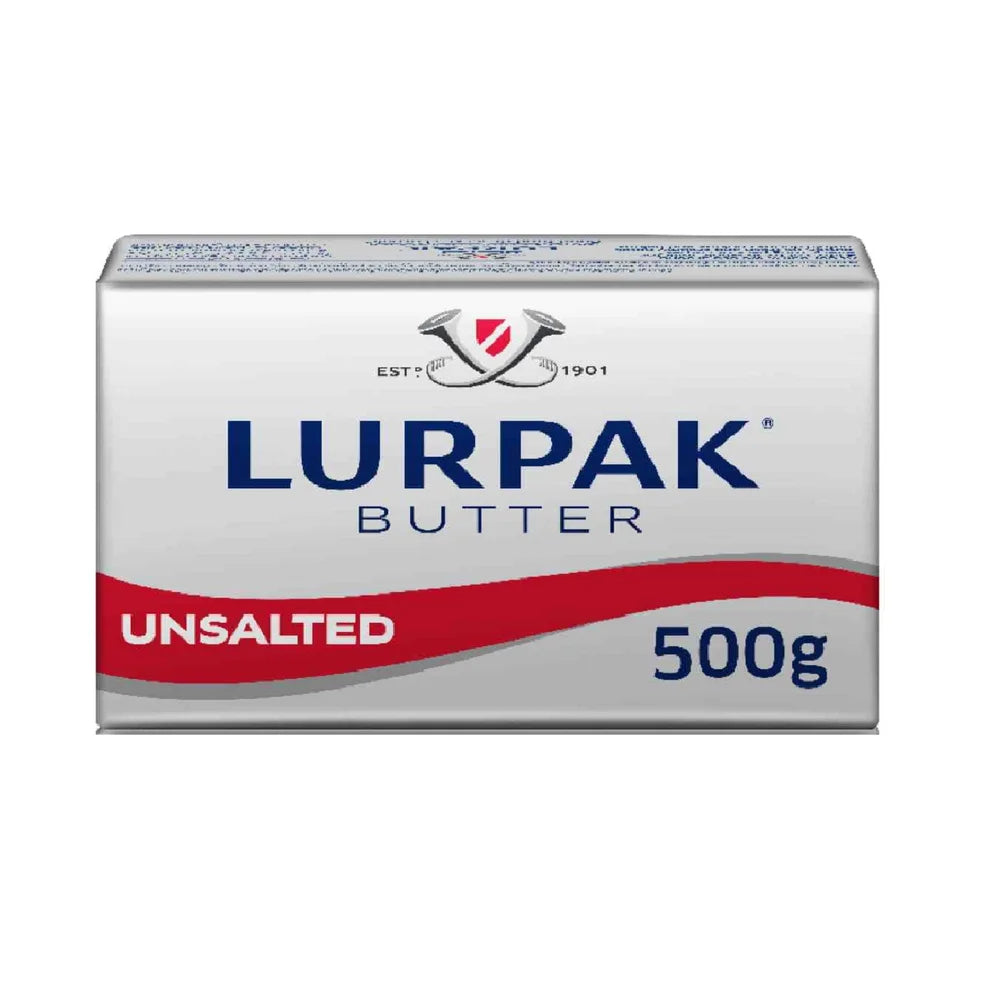 A rectangular packaging for Lurpak unsalted butter, weighing 500g. The package features a silver background with bold blue text that reads &quot;LURPAK BUTTER&quot; and the word &quot;UNSALTED&quot; highlighted in red. A logo with crossed utensils and &quot;EST 1901&quot; is displayed above the brand name.