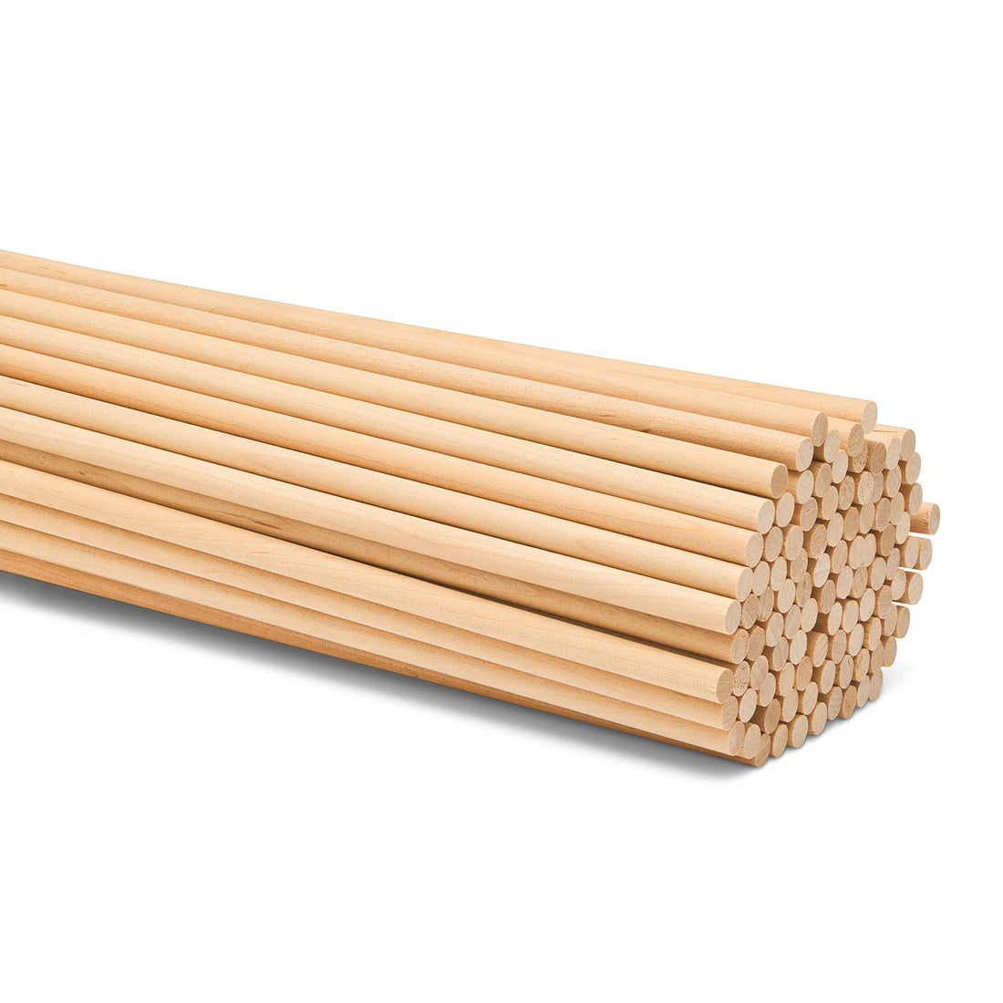 A bundle of ten wooden dowel rods is displayed, arranged in a stacked formation. The rods are cylindrical, made of light-colored wood, and appear smooth with rounded ends. The photograph has a white background, enhancing the visibility of the dowel rods. The assembly showcases their uniform size and shape.