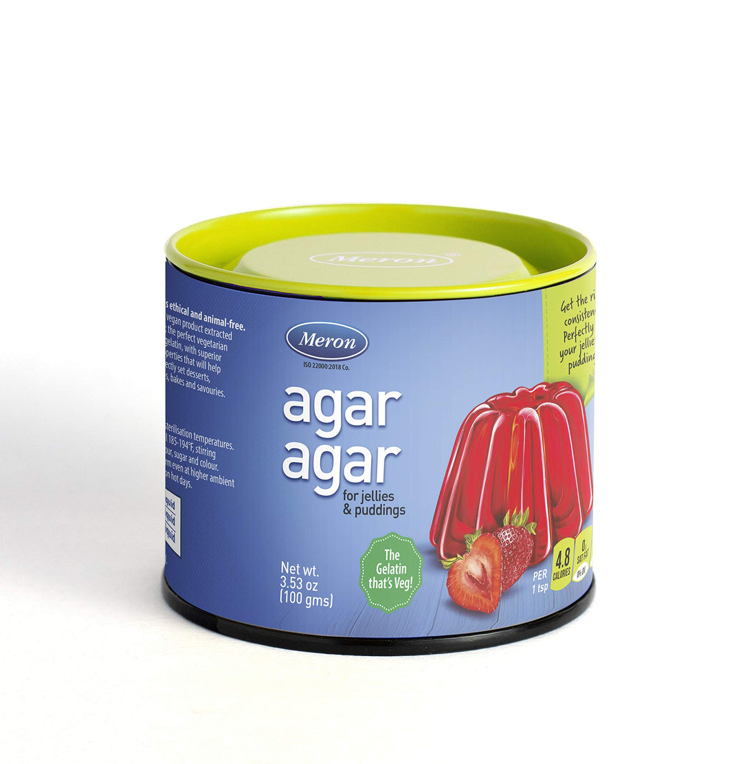 A round canister of Meron agar agar powder designed for making jellies and puddings. The canister has a vibrant blue label with a green lid. It features an image of a red jelly dessert, accompanied by a strawberry illustration. The product is labeled as vegetarian gelatin and states its net weight of 100 grams (3.53 oz). There are details highlighting its use for desserts and the fact that it is vegan-friendly.