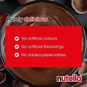 The image features a jar of Nutella hazelnut spread with cocoa, displaying a rich brown spread inside the jar. The background includes hazelnuts. Prominent text in a red box states &quot;Purely delicious,&quot; followed by checkmarks indicating &quot;No artificial colours,&quot; &quot;No artificial flavourings,&quot; and &quot;No added preservatives.&quot; The Nutella logo is also present in the bottom right corner.