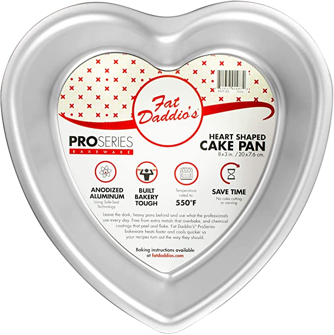 A heart-shaped cake pan labeled &quot;Fat Daddio&