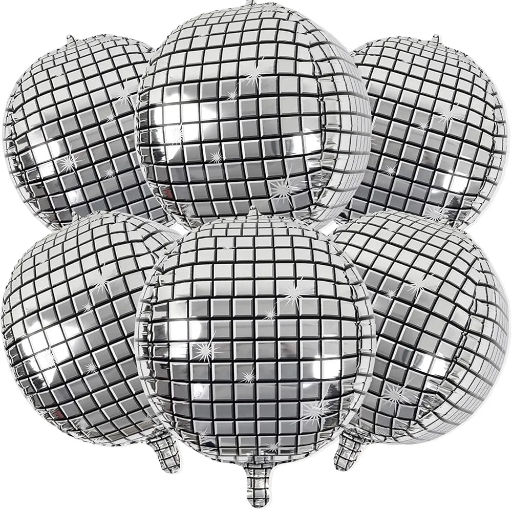 A collection of six shiny disco metallic balloons, designed in a spherical shape. Each balloon features a reflective silver surface with a grid pattern, resembling a disco ball, and scattered star-like highlights. The balloons have a small opening at the top for inflation.