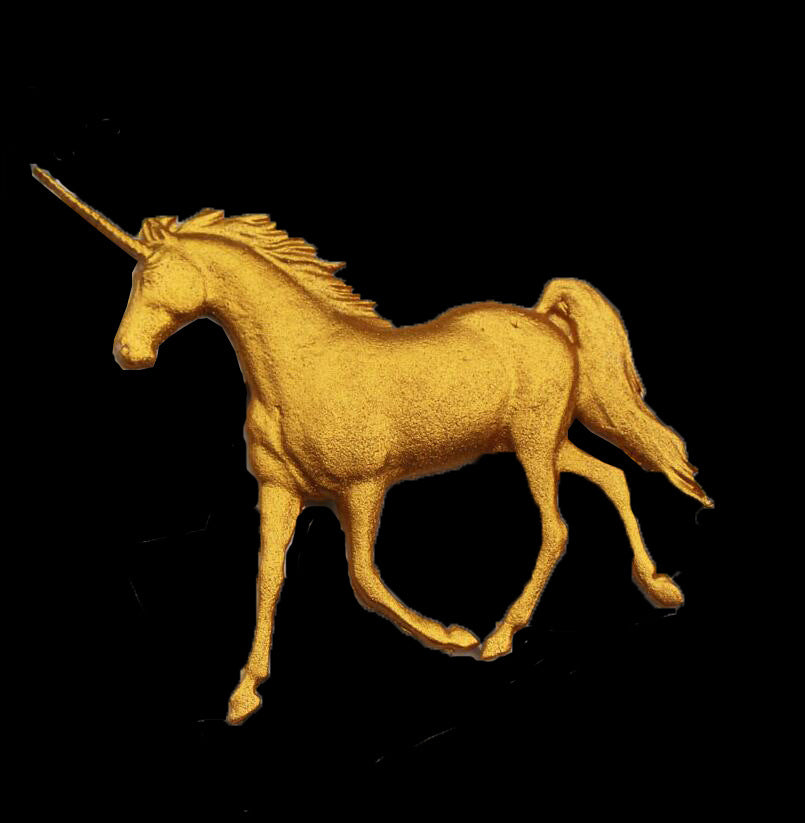 An intricately designed, three-dimensional unicorn figure is shown in golden color against a black background. The unicorn is depicted in a standing position, showcasing its elongated horn, flowing mane, and tail. The texture of the figure appears smooth, emphasizing its detailed features. This image represents a silicone mold for creating unicorn-shaped items.