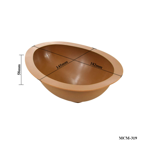 A 3D egg silicone mold shown in a brown color, displayed with measurements. The mold has an oval shape with dimensions labeling: 145 mm and 182 mm across the width, and 58 mm in height. The product is designed for creating egg-shaped items. The product code "MCM-319" is noted at the bottom.