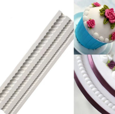 This image features a product called "rope mould" alongside two decorated cakes. On the left, there is a white silicone mould designed to create a rope-like pattern. On the right, there are images of two cakes: one is a blue cupcake topped with fondant flowers, and the other is a round cake decorated with a similar rope pattern around the edges and adorned with colorful flowers.