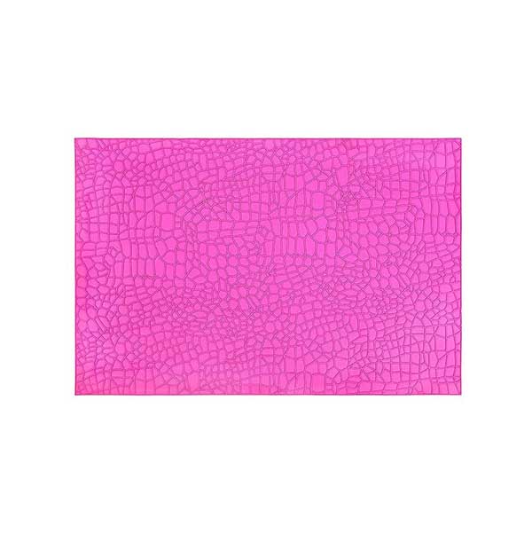 A bright pink rectangular mat featuring an embossed pattern that resembles the scales of a crocodile or alligator. The design consists of interconnected oval and rectangular shapes, creating a textured appearance across the entire surface.