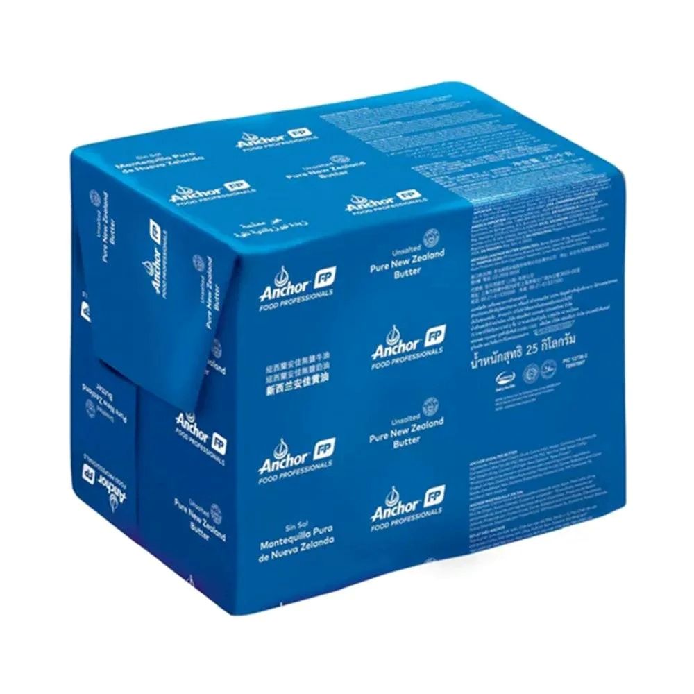 Blue box of Anchor Pure New Zealand Butter on a white background