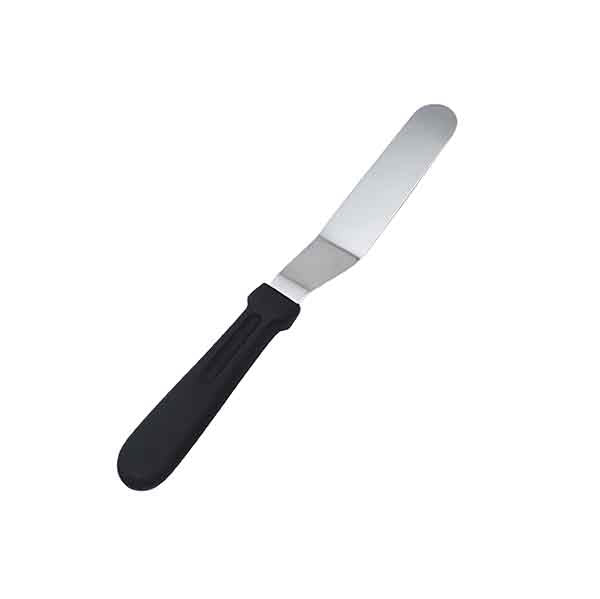 An angled spatula with a stainless steel blade and a black ergonomic handle, designed for spreading and lifting food items. The blade is flat and slightly angled for better maneuverability.