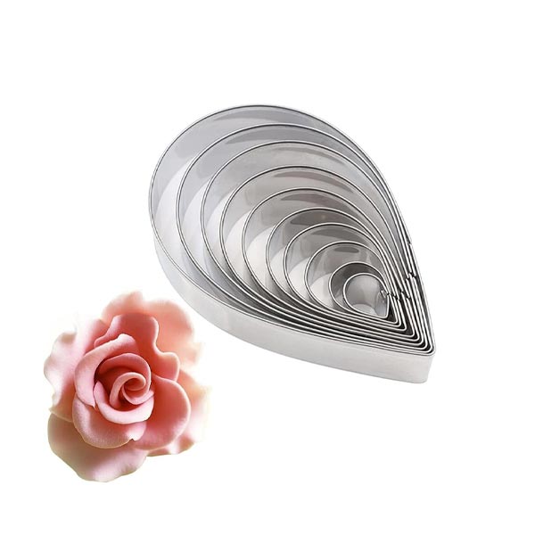 A set of ten stainless steel rose petal cookie cutters, arranged in a teardrop shape, showcasing different sizes. Next to the cutters, there is a decorative pink rose made of fondant or similar material, highlighting the intended use of the cutters in cake and cookie decoration.