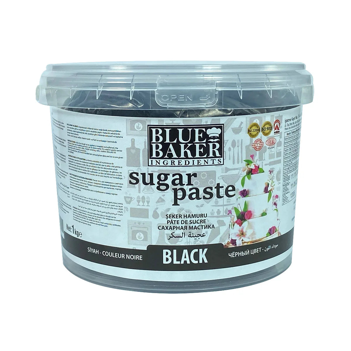 Container of Blue Baker black sugar paste on a white background