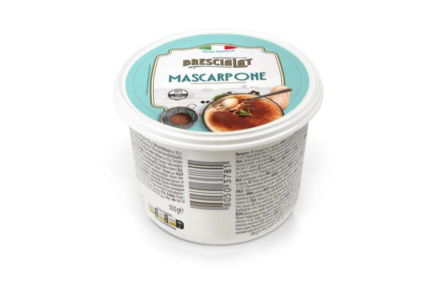 Container of Brescianato Mascarpone cheese on a white background