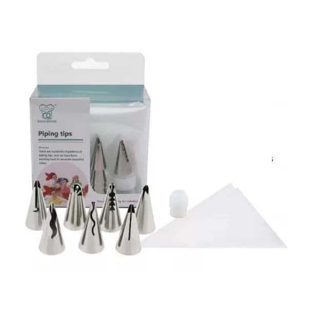 A baking set containing various stainless steel piping tips arranged in front of a clear packaging. The set includes a silicone cap, a piping bag, and a card describing the product. The tips are cone-shaped, with different decorative edges for cake decorating.