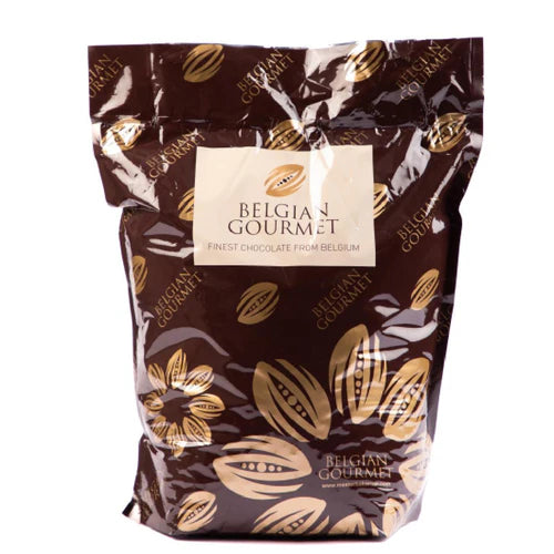Bag of Belgian Gourmet chocolate with cacao bean pattern on a white background