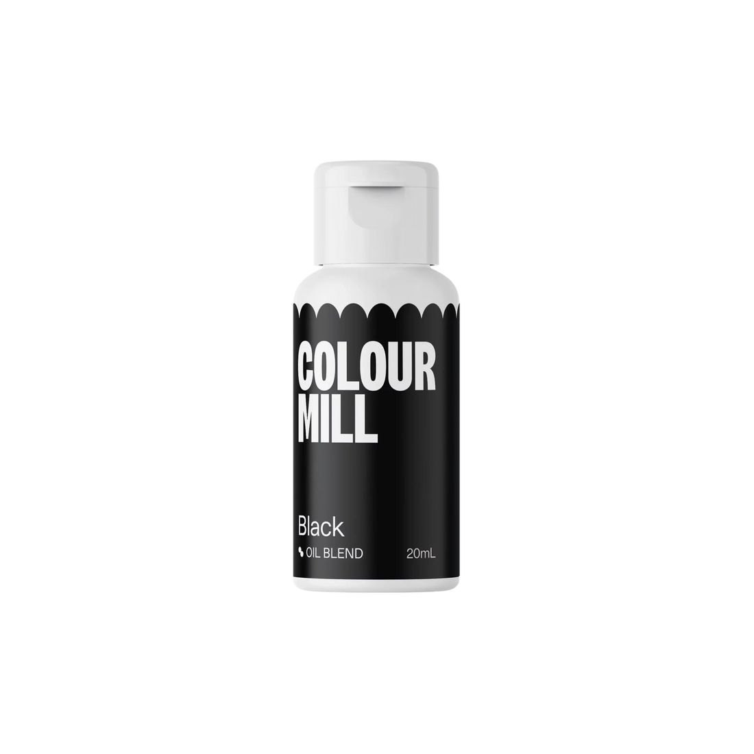 A bottle of &quot;Colour Mill&quot; oil-based food color in black, 20ml. The design features a predominantly black label with bold white text that reads &quot;COLOUR MILL&quot; and &quot;Black,&quot; along with &quot;Oil Blend&quot; and the volume &quot;20ml.&quot; The bottle has a rounded cap and a decorative scalloped edge at the top of the label. The background is plain black.