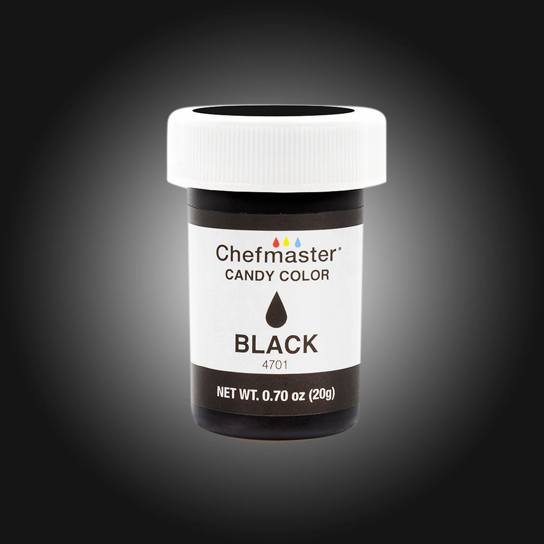 A small black and white bottle of Chefmaster Candy Color labeled &quot;BLACK&quot; with a white screw-on cap. The label indicates a net weight of 0.70 oz (20g) and includes a droplet graphic. The background is dark, highlighting the product.