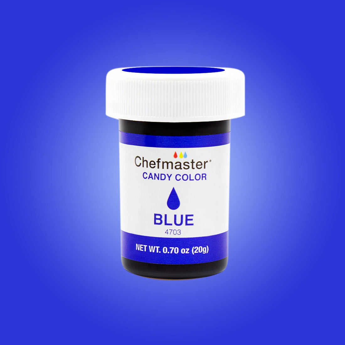 A container of Chefmaster Candy Color in blue. The jar has a white lid and features a label that includes the product name &quot;Chefmaster Candy Color,&quot; the color &quot;BLUE,&quot; and the weight (0.70 oz or 20 g). The background is a solid blue shade.