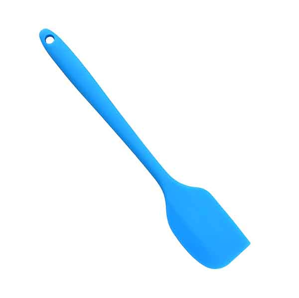 A blue silicone spatula with a long handle and a wide, flat head, designed for mixing and scraping. The spatula has a smooth surface and a hole at the end of the handle for easy hanging or storage.