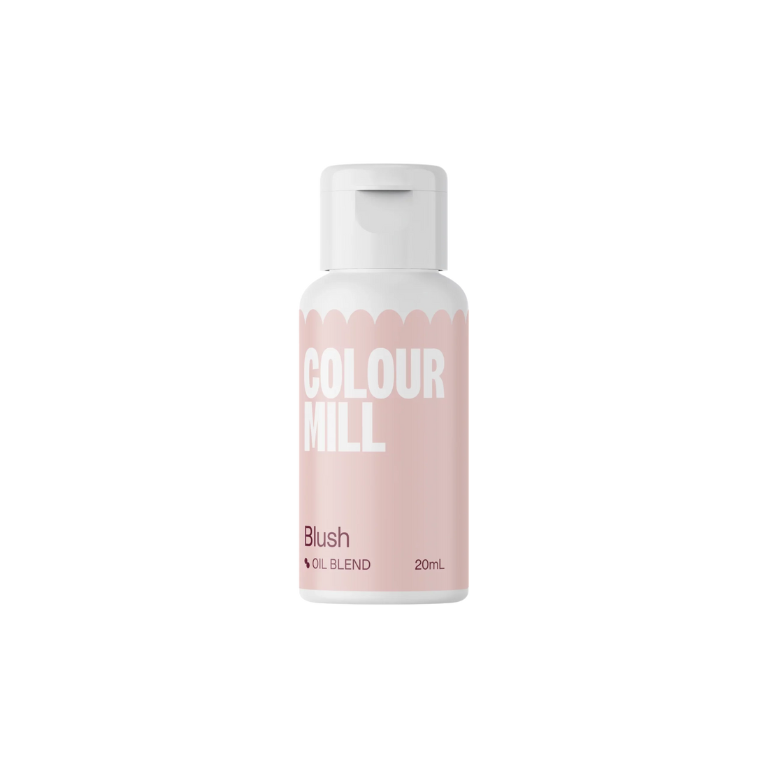 The image features a bottle of &quot;Colour Mill&quot; oil-based food color, specifically in the shade &quot;Blush.&quot; The bottle design is sleek with a light pink label, and bold white text displaying the brand name &quot;COLOUR MILL&quot; and the product type &quot;Blush&quot; along with &quot;Oil Blend&quot; and the volume &quot;20ml.&quot; The cap is white, matching the overall modern aesthetic of the product. The background is plain, enhancing visibility of the bottle.