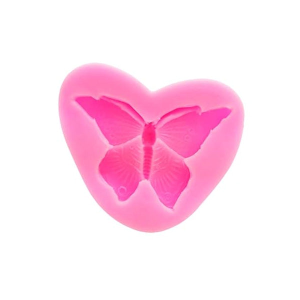 A pink silicone mold in the shape of a heart, featuring a detailed butterfly design in the center. The mold is flexible and has a smooth surface.